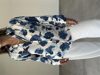 Mavi-Ekru Desenli Saten Gömlek