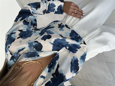 Mavi-Ekru Desenli Saten Gömlek