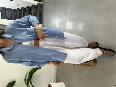 Mavi Flamlı Keten Çift Cep Oversize Gömlek