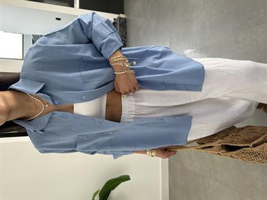 Mavi Flamlı Keten Çift Cep Oversize Gömlek