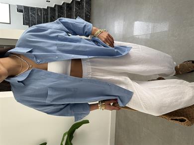 Mavi Flamlı Keten Çift Cep Oversize Gömlek