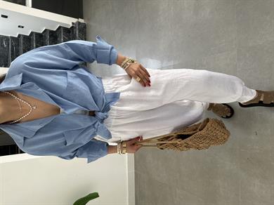 Mavi Flamlı Keten Çift Cep Oversize Gömlek