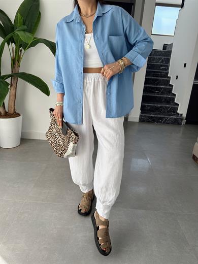 Mavi Flamlı Keten Tek Cep Oversize Gömlek