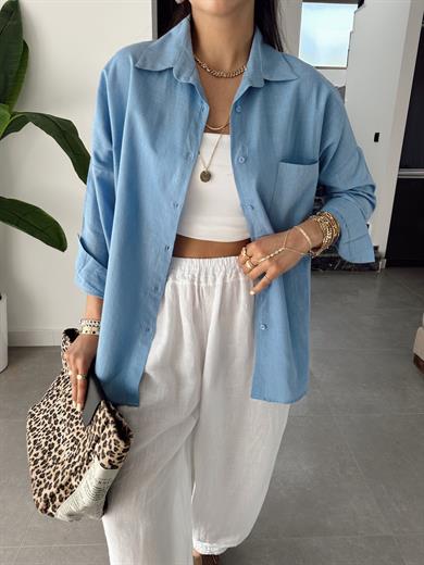 Mavi Flamlı Keten Tek Cep Oversize Gömlek