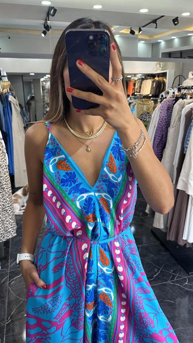 Mavi-Fuşya Viskon İspantol Elbise