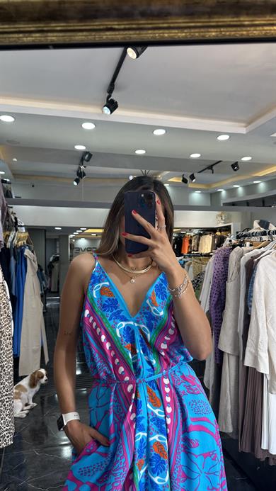 Mavi-Fuşya Viskon İspantol Elbise