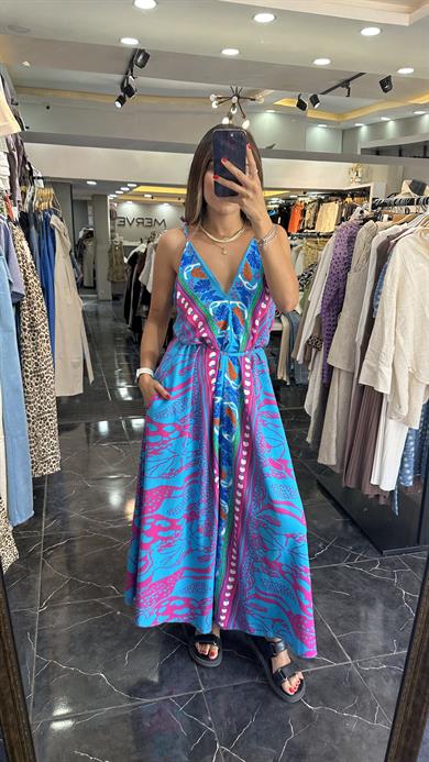 Mavi-Fuşya Viskon İspantol Elbise