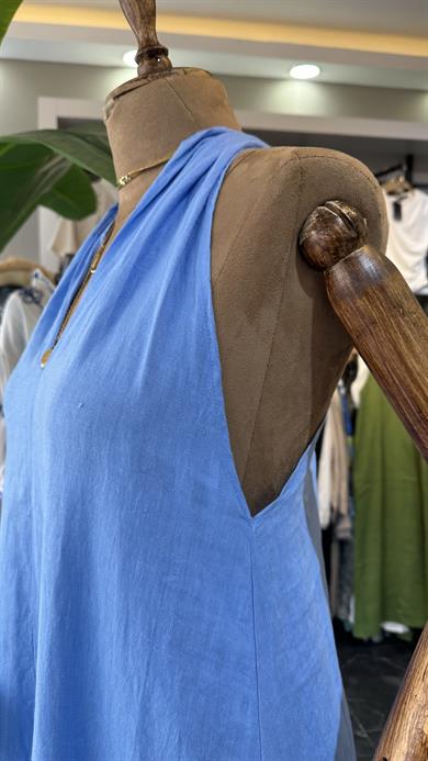 Mavi Keten V Yaka Uzun Elbise