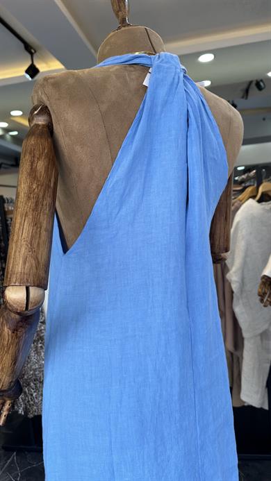 Mavi Keten V Yaka Uzun Elbise