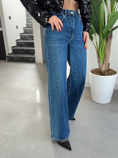 Mavi Likralı Wideleg Pantolon
