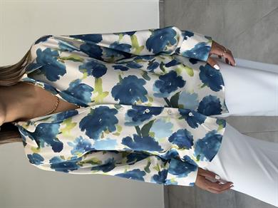 Mavi-Olive Desenli Saten Gömlek