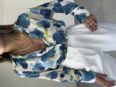 Mavi-Olive Desenli Saten Gömlek