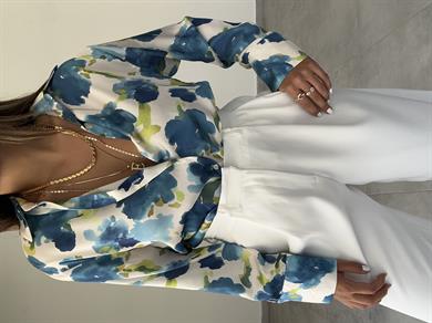 Mavi-Olive Desenli Saten Gömlek