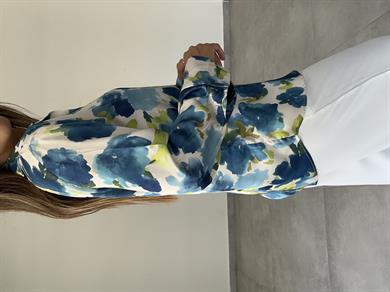 Mavi-Olive Desenli Saten Gömlek