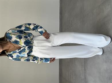 Mavi-Olive Desenli Saten Gömlek