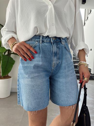 Mavi Önü Pileli Bermuda