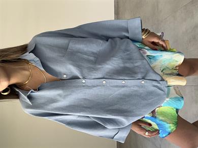 Mavi  Oversize Keten Gömlek