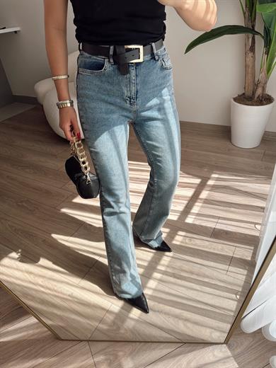 Mavi Paçası Dikişsiz Flare Pantolon