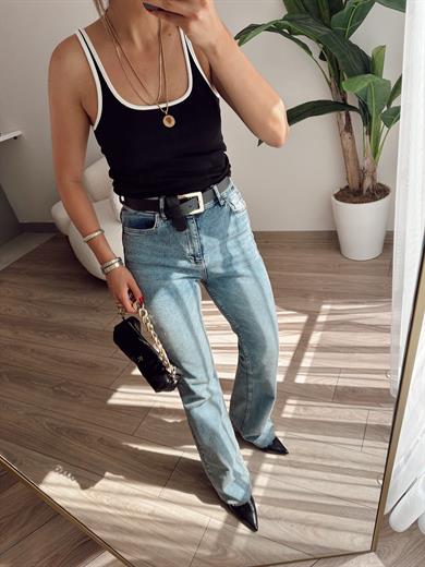 Mavi Paçası Dikişsiz Flare Pantolon