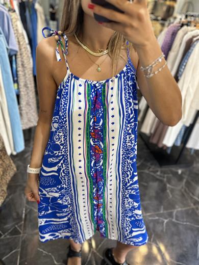 Mavi Renkli Viskon Askılı Mini Elbise