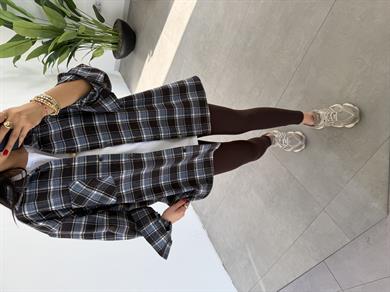 Mavi-Siyah Ekose Pamuk Oversize Gömlek