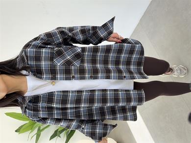 Mavi-Siyah Ekose Pamuk Oversize Gömlek