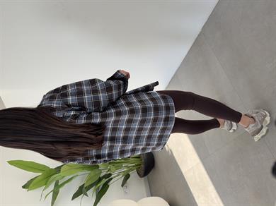 Mavi-Siyah Ekose Pamuk Oversize Gömlek