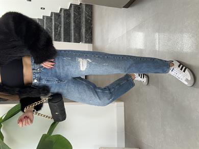 Mavi Taşlanmış Yırtık Jean