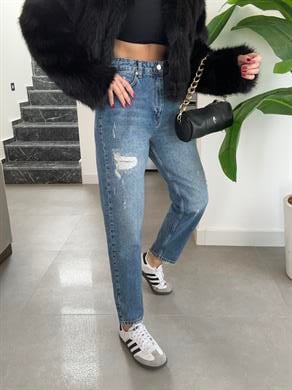 Mavi Taşlanmış Yırtık Jean