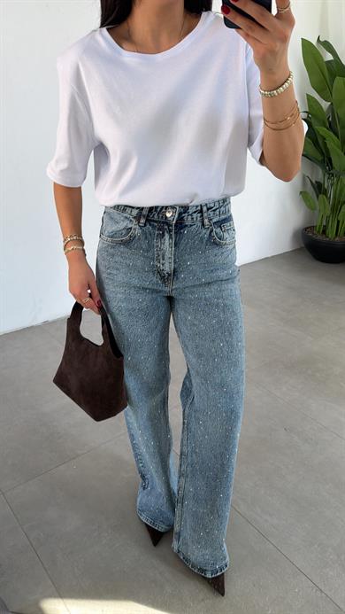 Mavi Taşlı Wideleg Jean