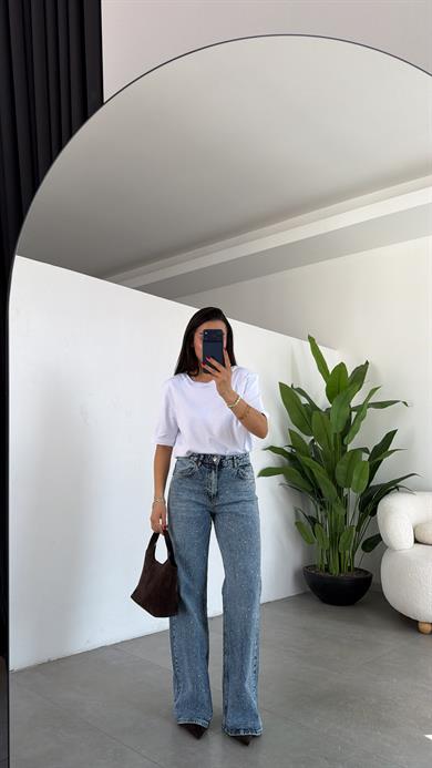 Mavi Taşlı Wideleg Jean