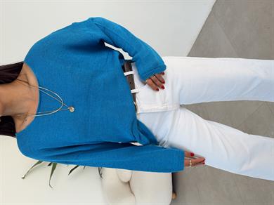 Mavi Uzun Kollu Düz Kazak