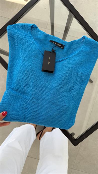 Mavi Uzun Kollu Düz Kazak