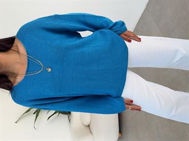 Mavi Uzun Kollu Düz Kazak