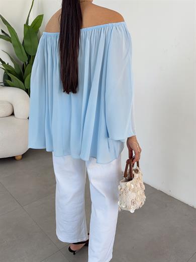 Mavi Yakası Lastikli Bluz