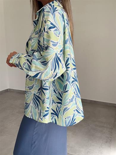Mavi-Yeşil Desenli Cepli Oversize Gömlek