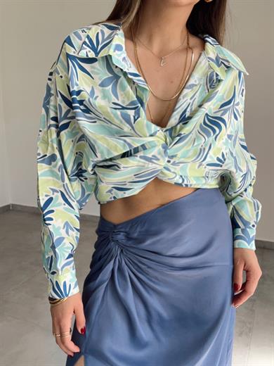 Mavi-Yeşil Desenli Cepli Oversize Gömlek