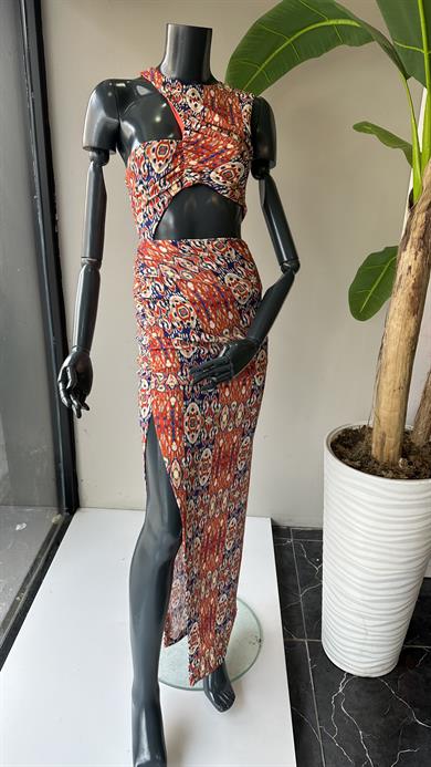 Mercan Baskılı Dekolteli Elbise