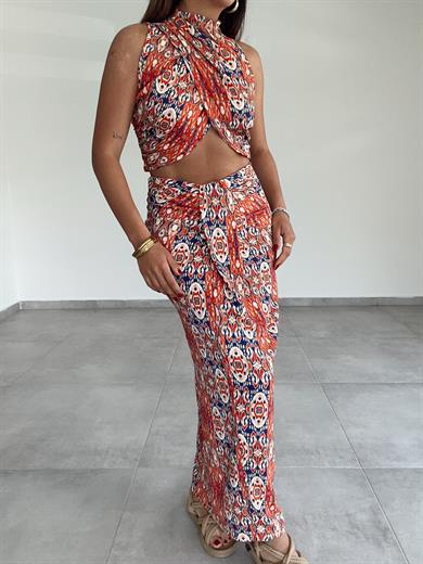 Mercan Baskılı Etek Crop Takım