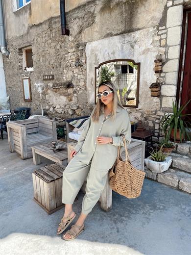 Mint Yeşil Keten Oversize Gömlek