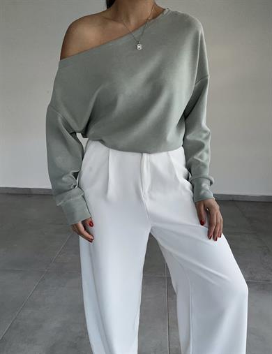 Mint Yeşili Kayık Yaka Modal Bluz