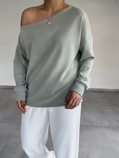 Mint Yeşili Kayık Yaka Modal Bluz