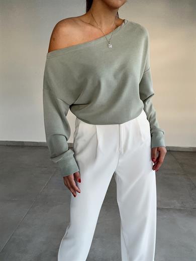 Mint Yeşili Kayık Yaka Modal Bluz