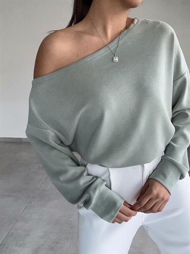 Mint Yeşili Kayık Yaka Modal Bluz