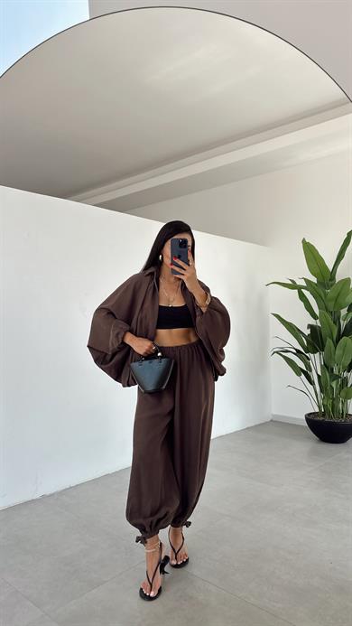 Miya Kahve Bağcıklı Paça Şalvar