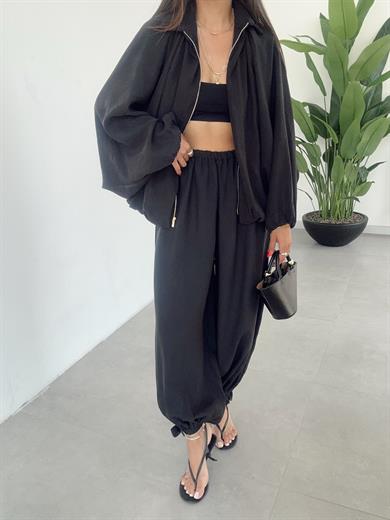 Miya Siyah Bağcıklı Paça Şalvar