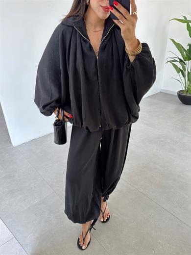 Miya Siyah Bağcıklı Paça Şalvar