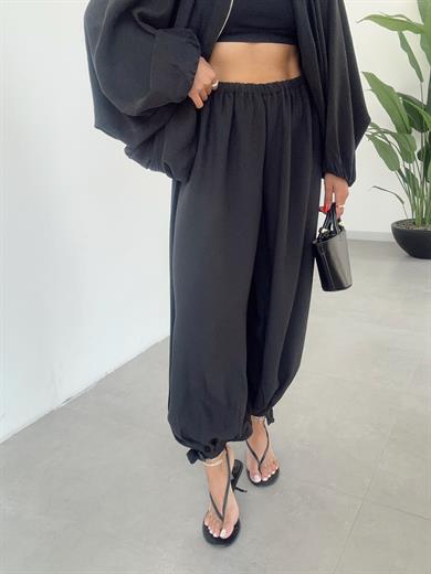 Miya Siyah Bağcıklı Paça Şalvar