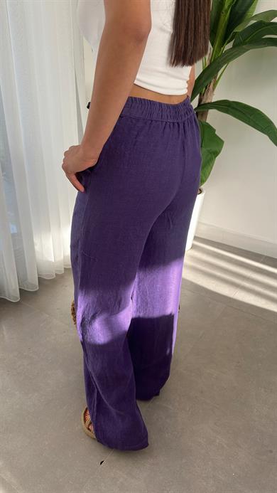 Mor Beli Lastikli Bol Paça Keten Pantolon