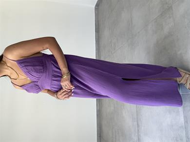 Mor Müslin Askılı Sırt Açık Elbise